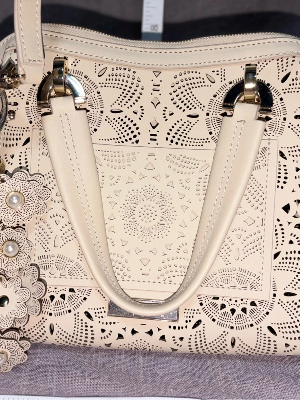 Zac Posen Cream Laser-Cut Floral Satchel with Charm